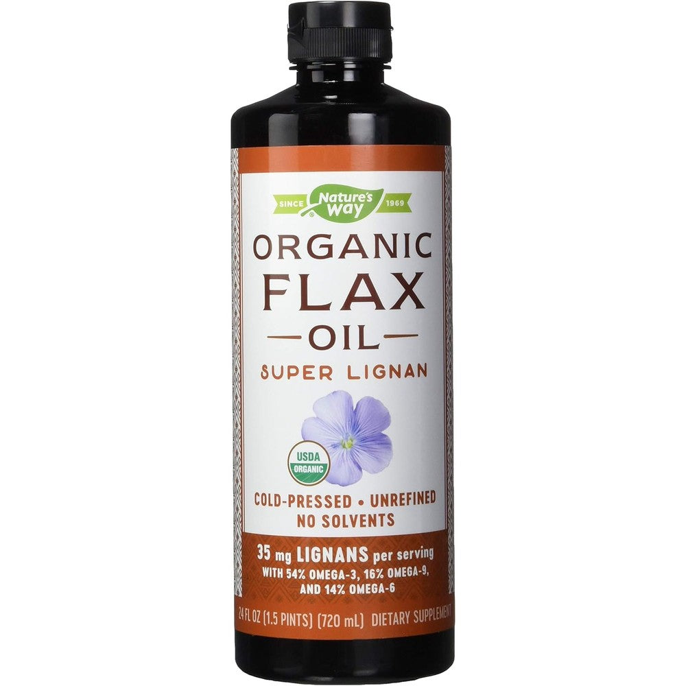 Nature's Way Organic Flax Oil Super Lignan 24 fluid ounce front view bottle showing omega-3 percentages