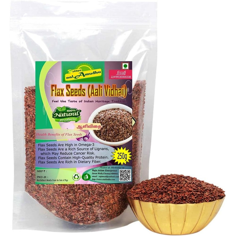 NalAmudhu Raw Unroasted Brown Flax Seeds 250 Grams front packaging view showcasing high omega 3 superfood benefits