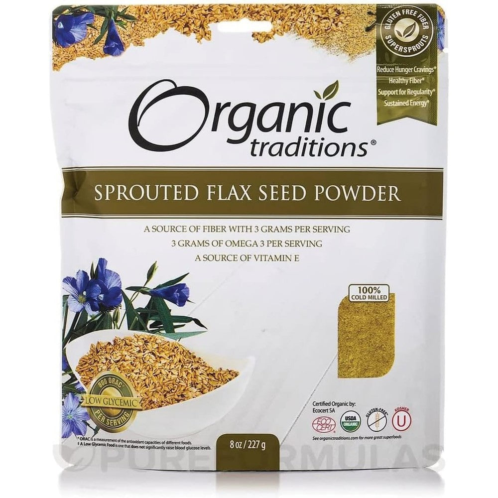 Organic Traditions Sprouted Flax Golden 227g powder bag front view for premium health supplement needs