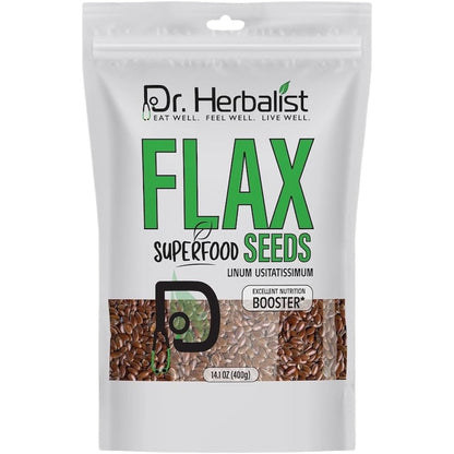 Dr. HERBALIST Whole Flax Seeds 400 Grams front packaging view for plant based protein