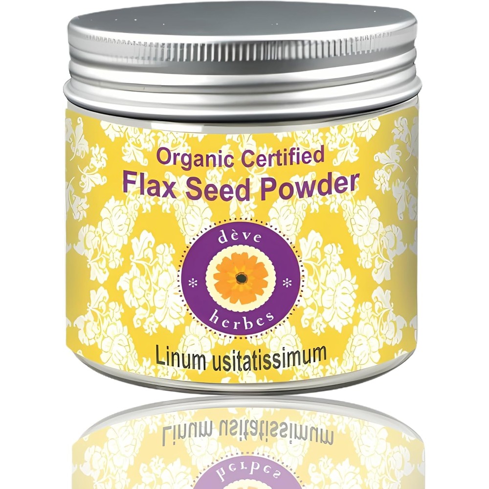 Deve Herbes Pure Flax Seed Powder front view of the high quality container showing organic certified branding.