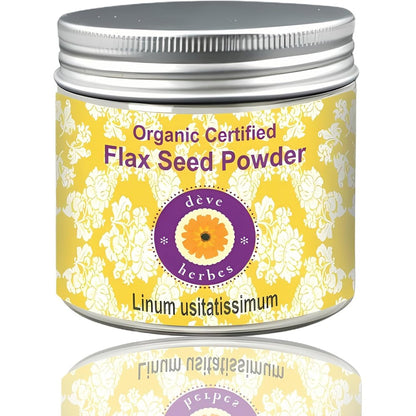 Deve Herbes Pure Flax Seed Powder front view of the high quality container showing organic certified branding.