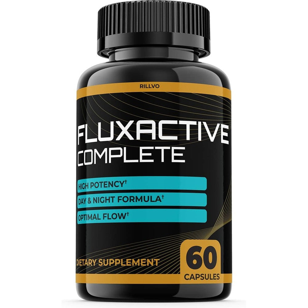 Rillvo FluxActive Complete Prostate Support Supplement front view bottle containing sixty capsules for men health.