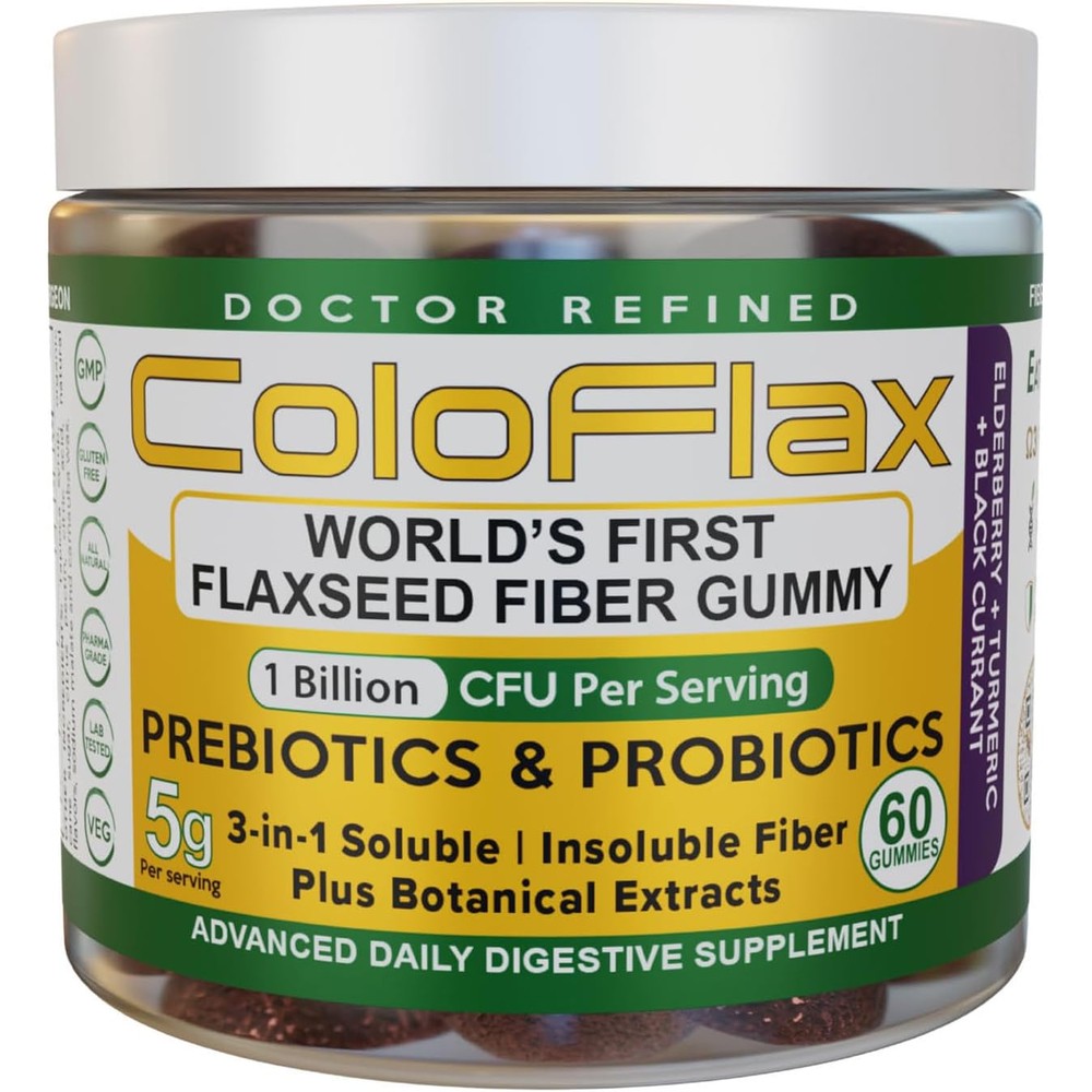 ColoFlax Organic Flaxseed Fiber and Probiotic 60 Gummies front bottle view for digestive health.