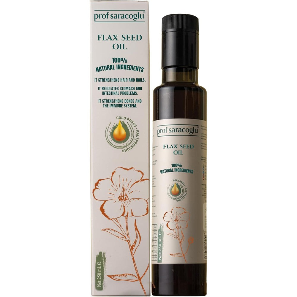 Prof Saracoglu Flaxseed Oil front view bottle of cold pressed vegan omega 3 supplement