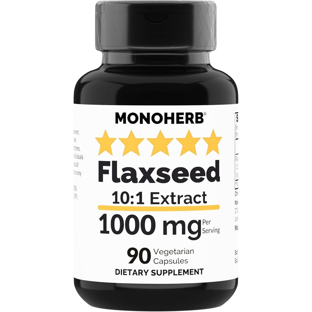 Monoherb Flax Seed Extract 1000mg 90 vegetarian capsules front bottle view for plant based omega 3 supplement.
