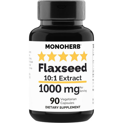 Monoherb Flax Seed Extract 1000mg 90 vegetarian capsules front bottle view for plant based omega 3 supplement.