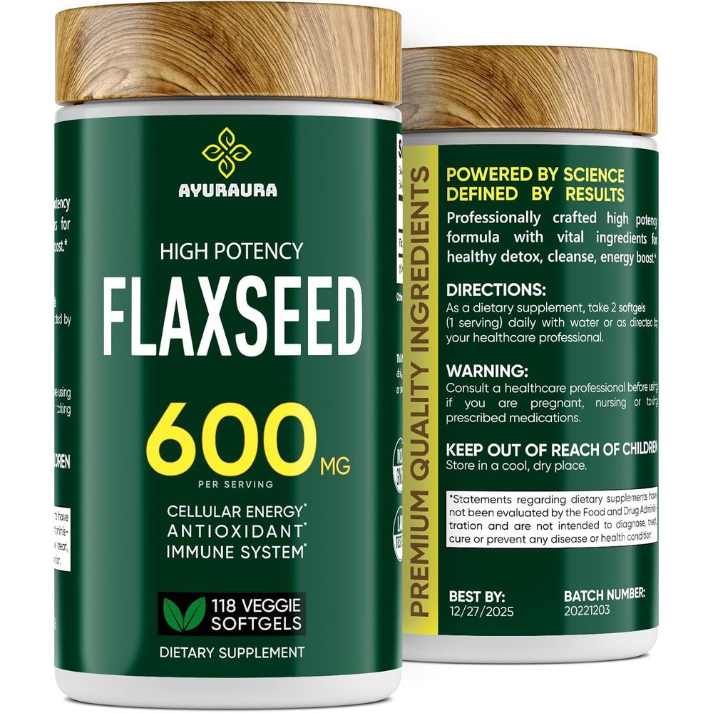 NutriAura Ayuraura Omega-Rich Organic Flaxseed Oil 600mg bottle front view featuring premium antioxidant dietary supplements