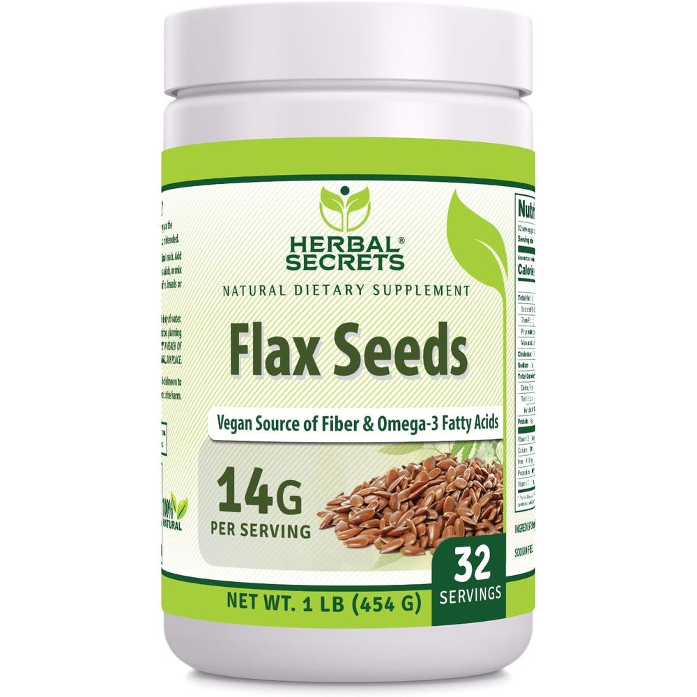 Herbal Secrets Organic Whole Flax Seeds Supplement front container view showing vegan omega three label