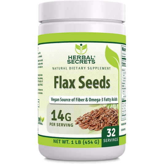 Herbal Secrets Organic Whole Flax Seeds Supplement front container view showing vegan omega three label