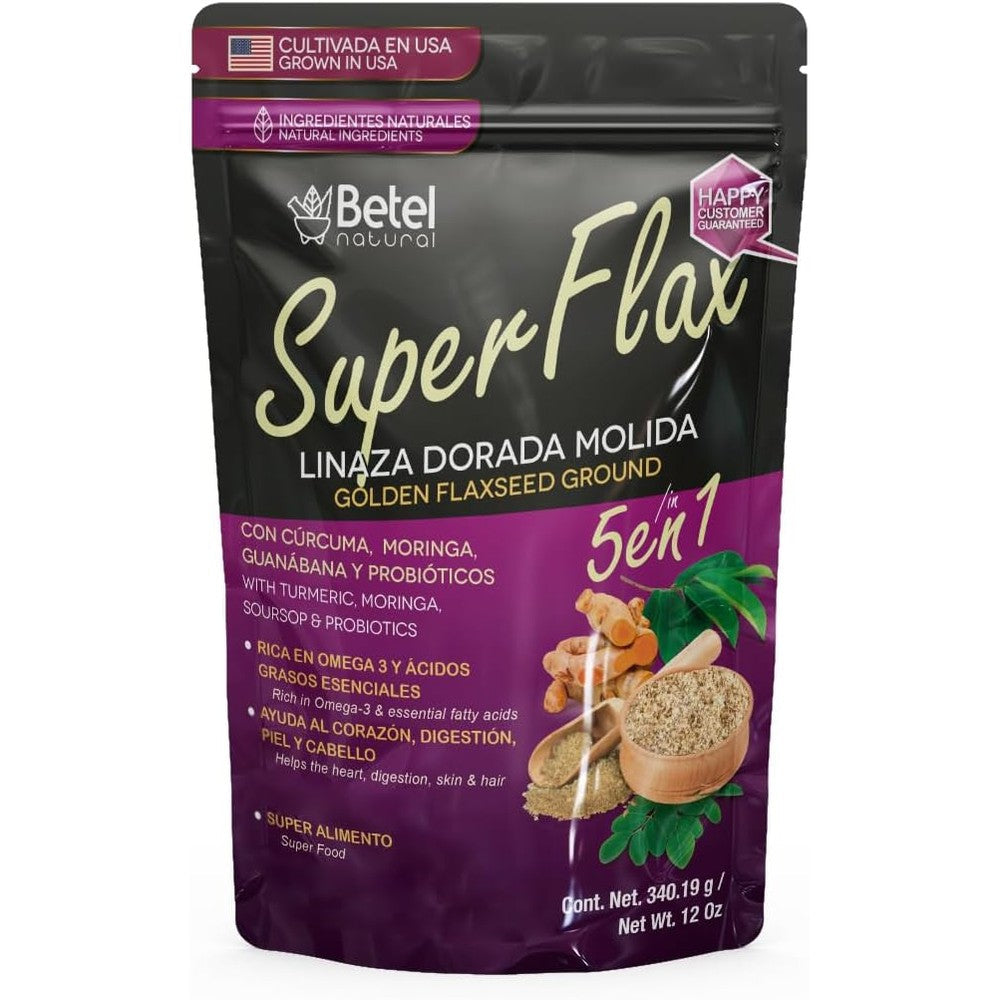 Betel Natural SuperFlax 5 in 1 Golden Flaxseed Powder 12 Ounce front packaging