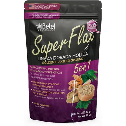 Betel Natural SuperFlax 5 in 1 Golden Flaxseed Powder 12 Ounce front packaging