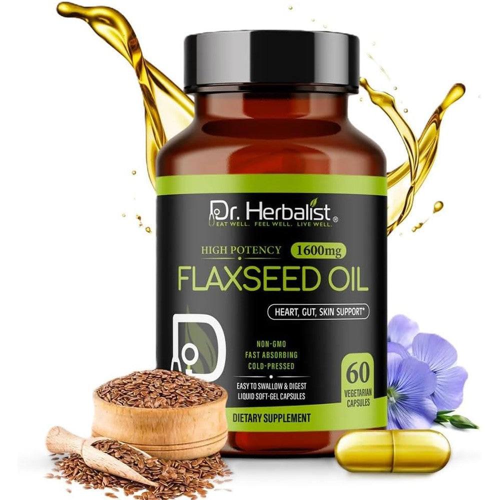 Dr. HERBALIST Flaxseed Oil 1600mg bottle front view showing plant based omega source