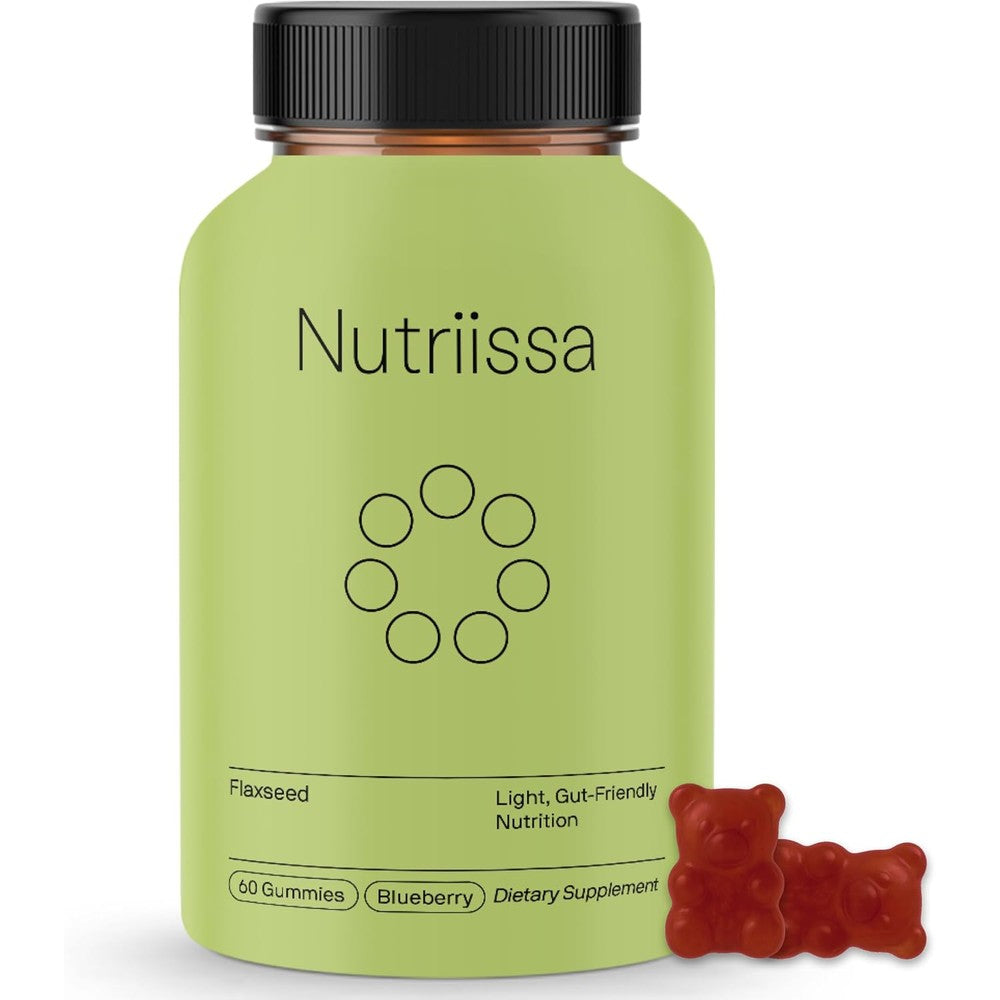 Nutriissa Flaxseed Gummies front view bottle containing sixty blueberry flavored vegan supplements for digestive health.
