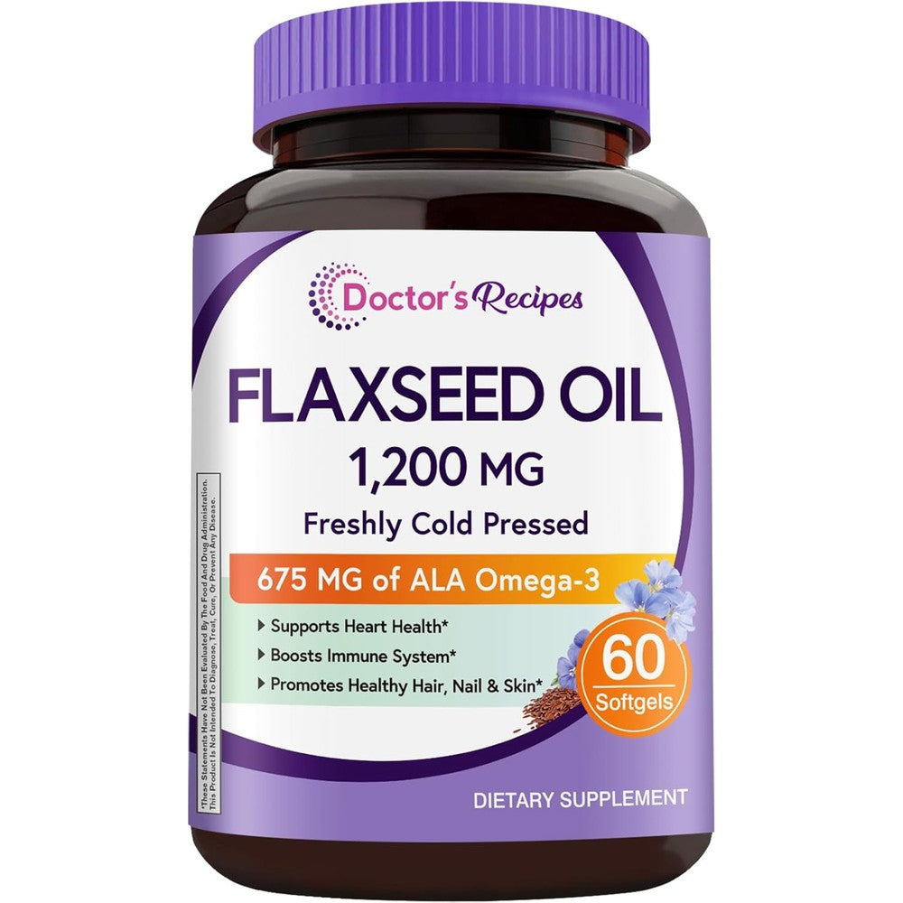 Doctor's Recipes Flaxseed Oil 1200 Milligrams front view bottle for plant based omega supplement