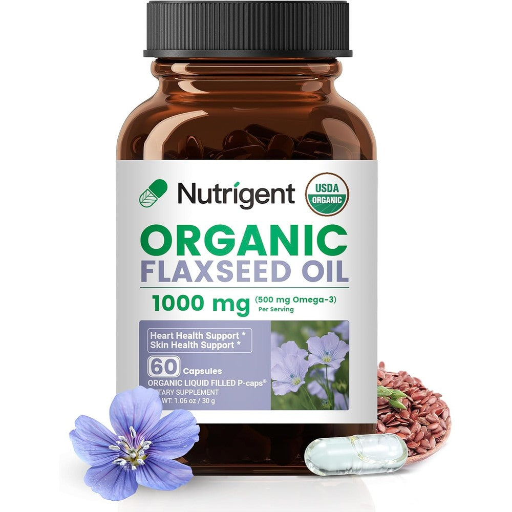 Nutrigent USDA Certified Organic Flaxseed Oil 1000 mg bottle front view showing plant based omega 3 supplement