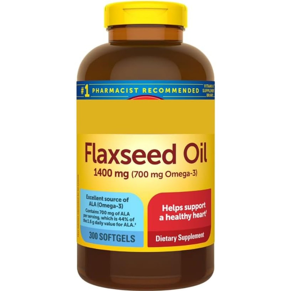 Nature Made Flaxseed Oil 1400mg bottle front view showing plant-based supplement labels.