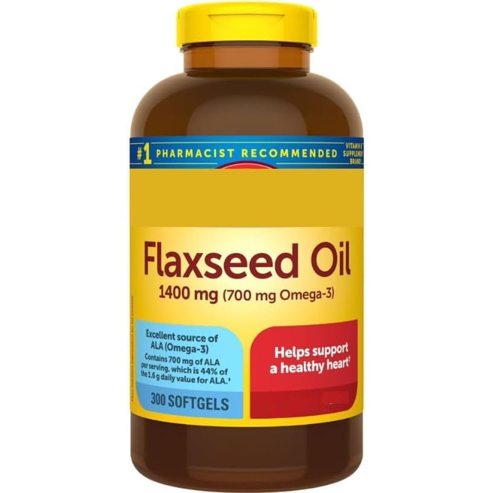 Nature Made Flaxseed Oil 1400mg 300 softgels bottle front view showing heart health benefits