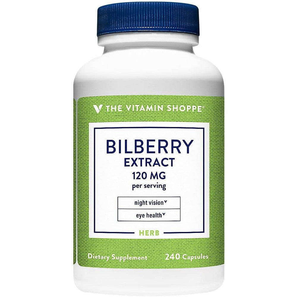 The Vitamin Shoppe Bilberry Extract 120mg 240 Capsules front label for authentic eye health support.
