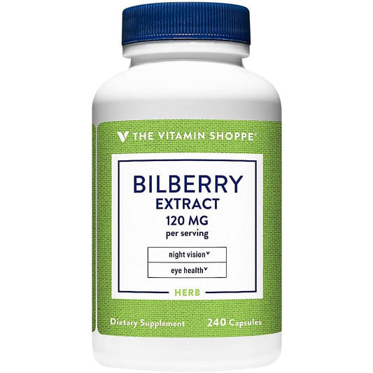 The Vitamin Shoppe Bilberry Extract 120mg 240 Capsules front label for authentic eye health support.