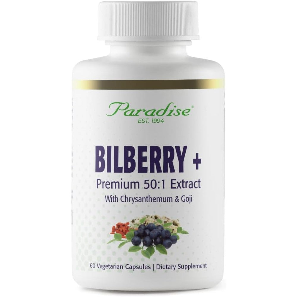 Paradise Herbs Bilberry with Goji and Chrysanthemum capsules front view for eye health supplement