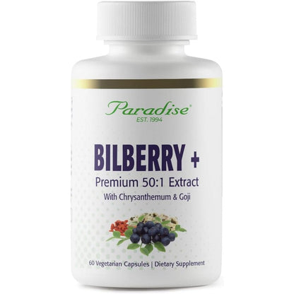 Paradise Herbs Bilberry with Goji and Chrysanthemum capsules front view for eye health supplement