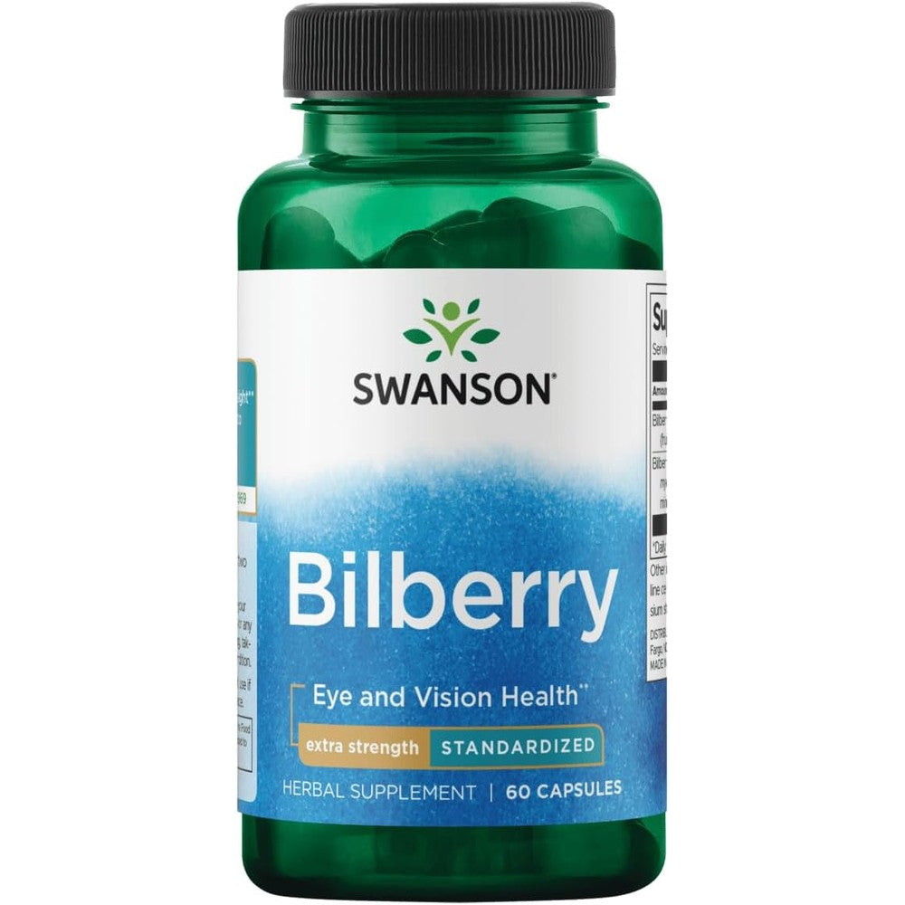 Swanson Extra Strength Bilberry 60 capsules front view bottle for eye health support