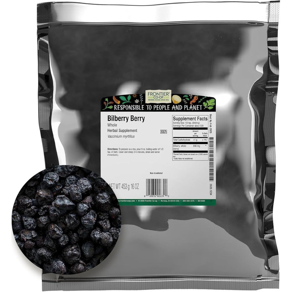Frontier Co-op Bilberry Whole Berries 16 ounce front packaging showing dried herbal superfruit