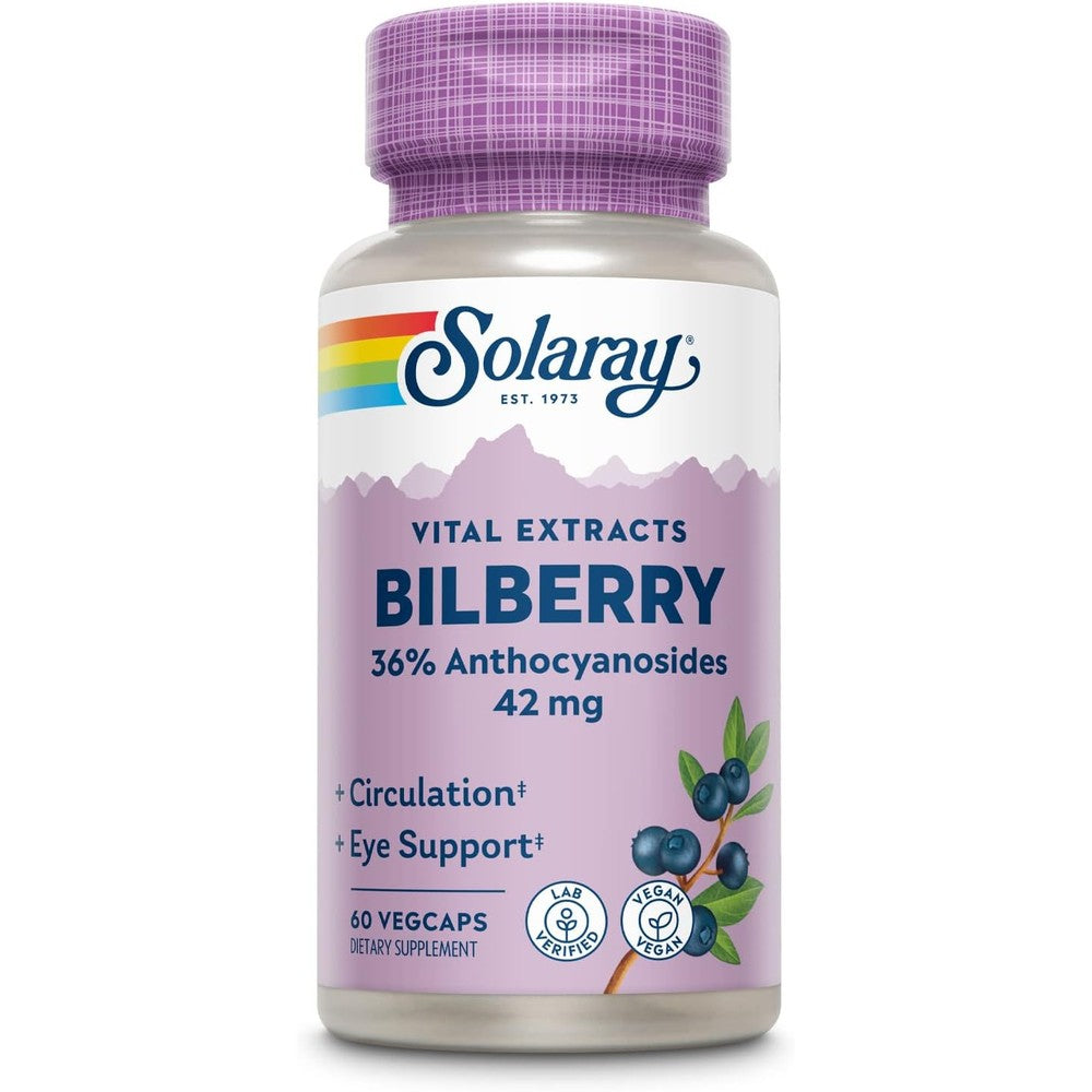 Solaray Bilberry Berry Extract 42 mg 60 vegan capsules front view for premium eye health support.