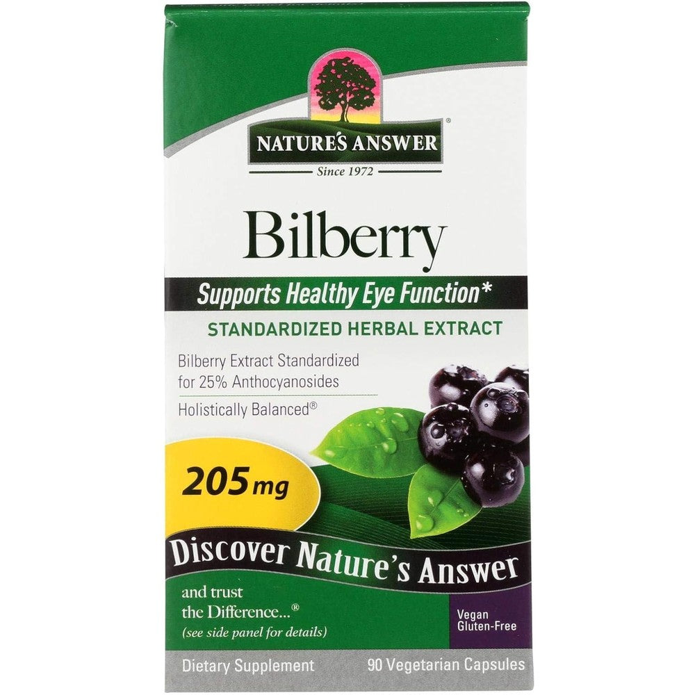 Nature's Answer Standardized Bilberry 90 Vegetarian Capsules front bottle view for eye health support.