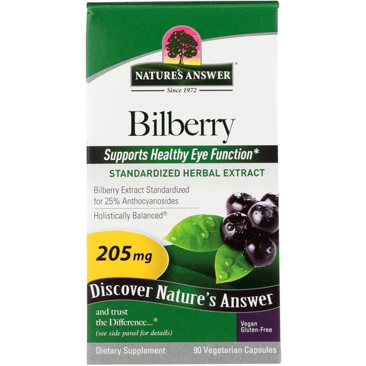 Nature's Answer Standardized Bilberry 90 Vegetarian Capsules front bottle view for eye health support.