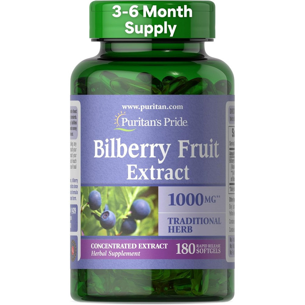 Puritan's Pride Bilberry Extract 250mg front view bottle for eye health supplement