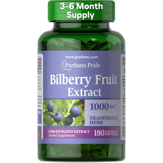 Puritan's Pride Bilberry Extract 250mg front view bottle for eye health supplement