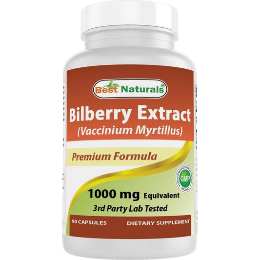 Best Naturals Bilberry Extract 1000mg 90 capsules front view eye health supplement