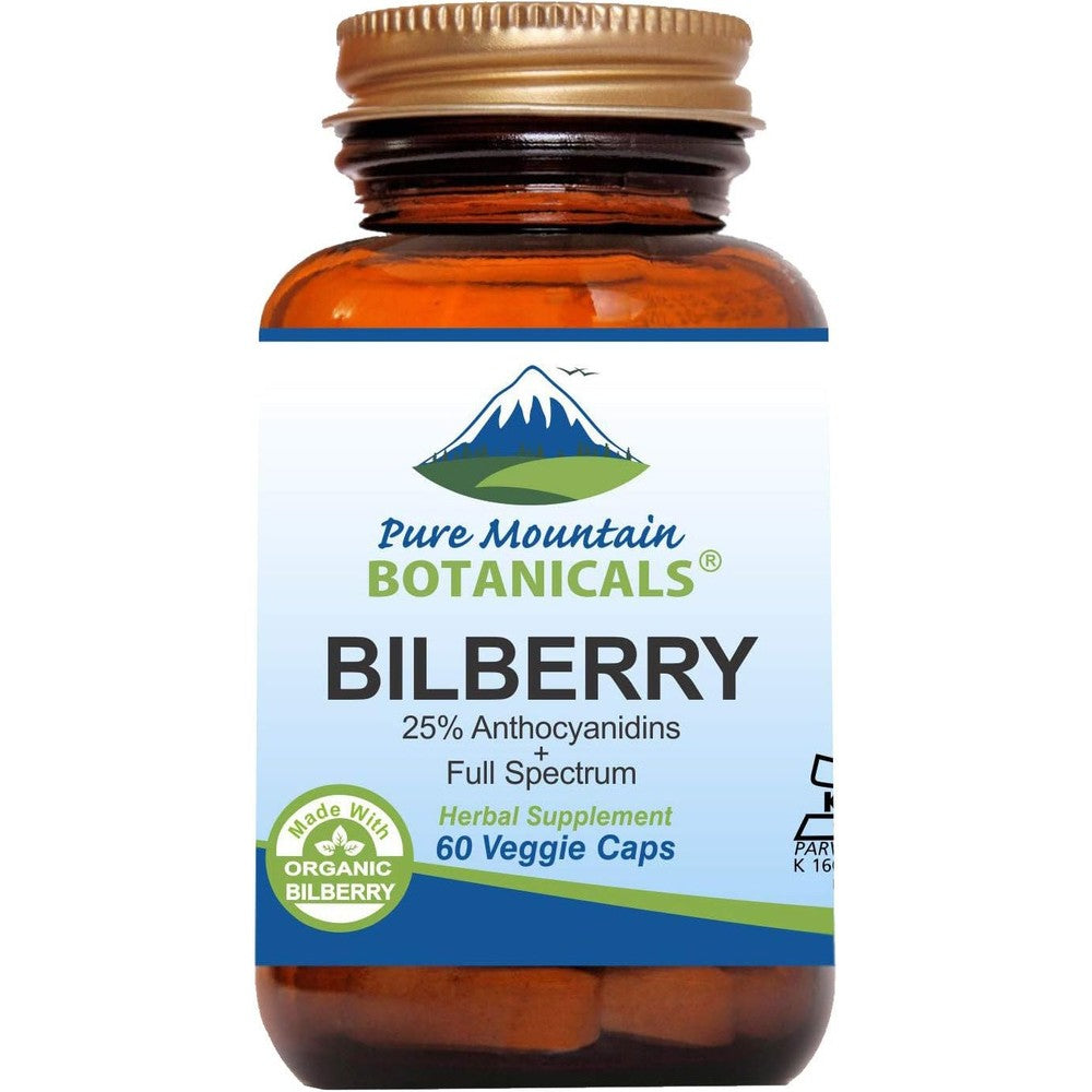 Pure Mountain Botanicals Bilberry Extract 60 capsules front bottle view for eye health support