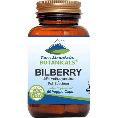 Pure Mountain Botanicals Bilberry Extract 60 capsules front bottle view for eye health support