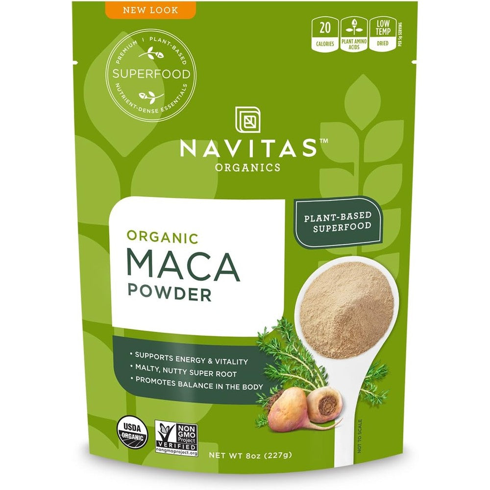 Navitas Organics Maca Root Powder eight ounce bag front view authentic imported superfood