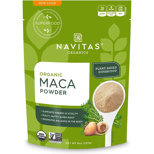 Navitas Organics Maca Root Powder eight ounce bag front view authentic imported superfood