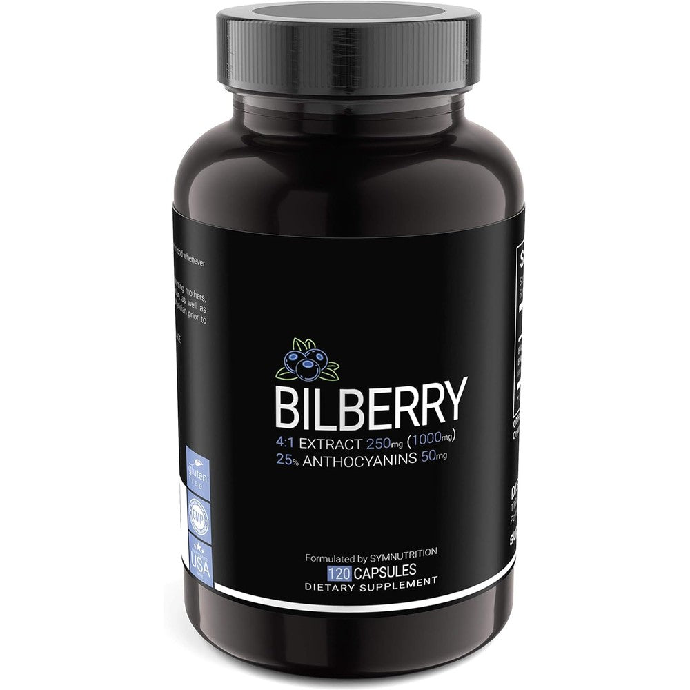 SYMNUTRITION Bilberry Extract 1000mg 120 capsules front view bottle for eye health supplement