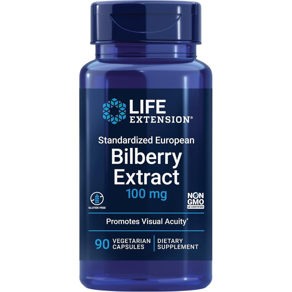Life Extension Standardized European Bilberry Extract 90 capsules front view showing eye health support benefits