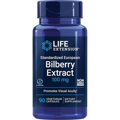 Life Extension Standardized European Bilberry Extract 90 capsules front view showing eye health support benefits