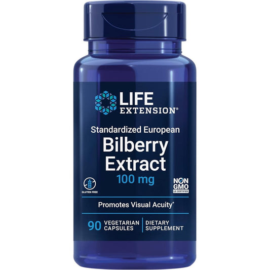 Life Extension Standardized European Bilberry Extract 90 capsules front view showing eye health support benefits