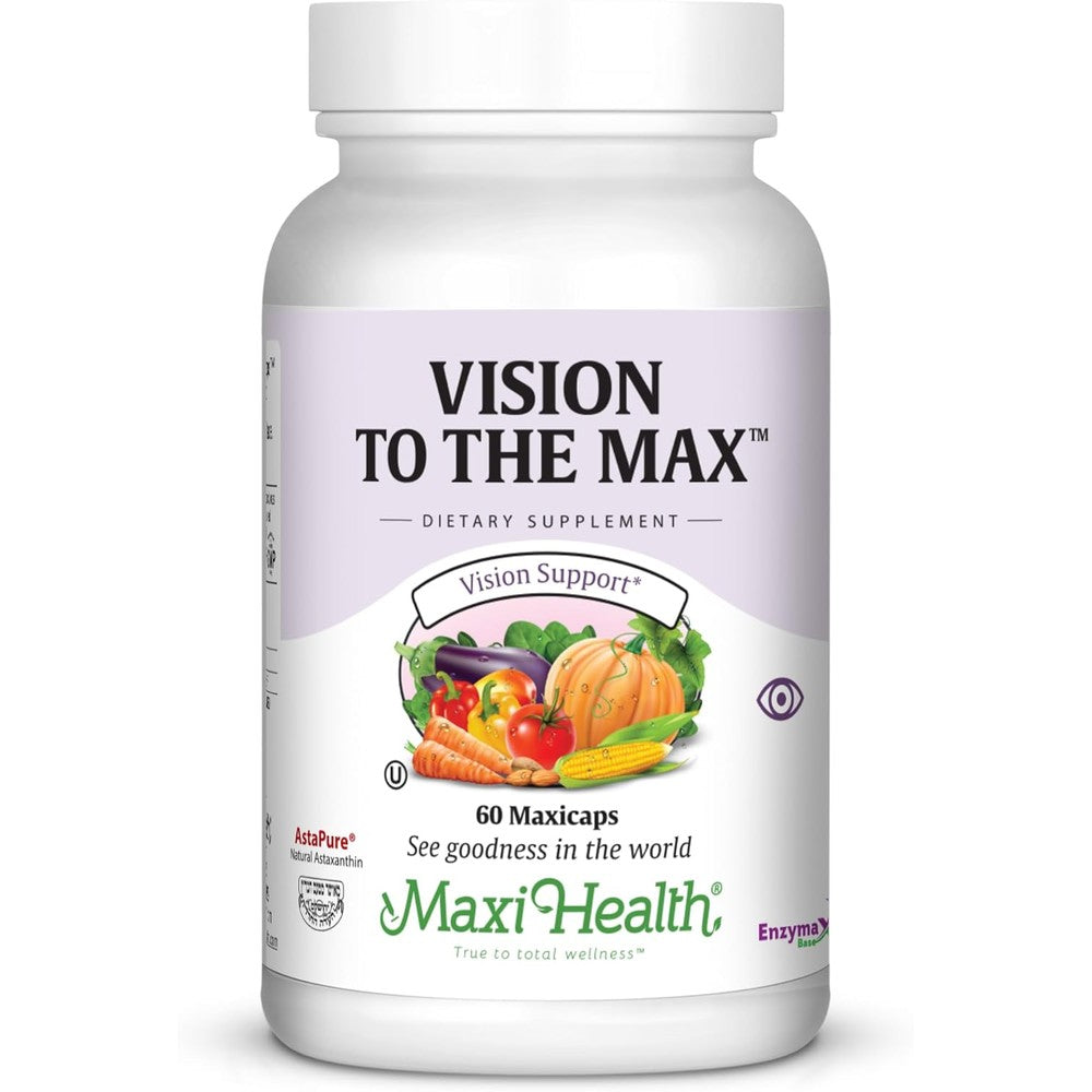 Maxi Health Maxi Vision To The Max 60 Capsules front view showing authentic USA eye supplement packaging.