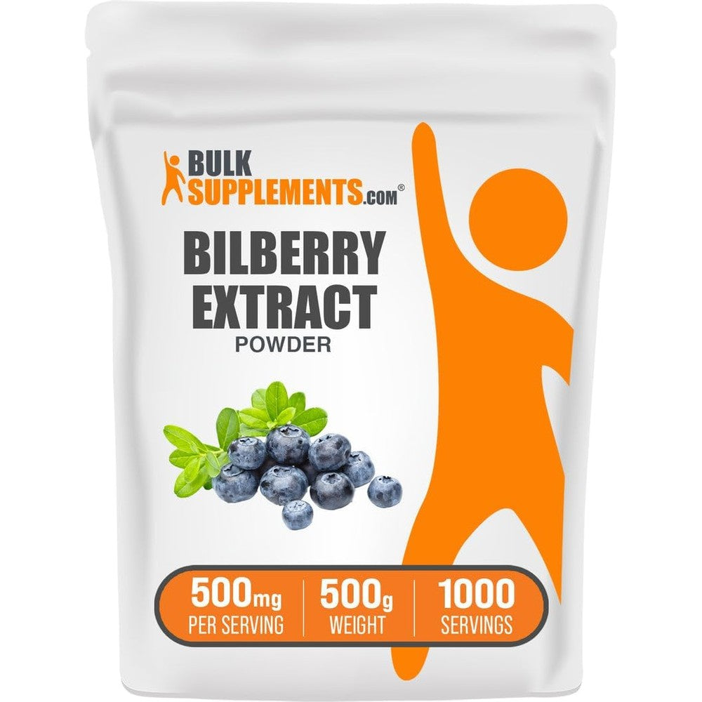 BulkSupplements Bilberry Extract Powder 500 Grams front pouch view for eye health support.