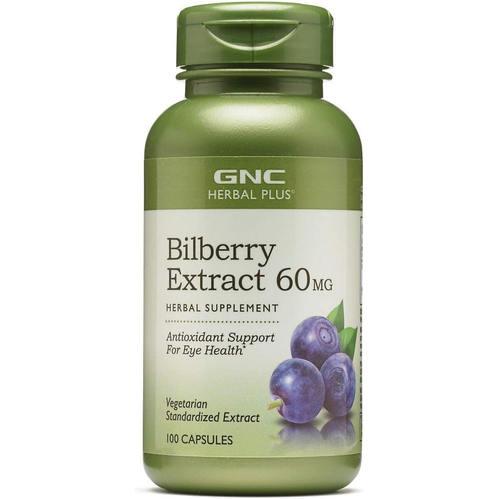 GNC Herbal Plus Bilberry Extract 60mg 100 Capsules front view bottle for eye health support