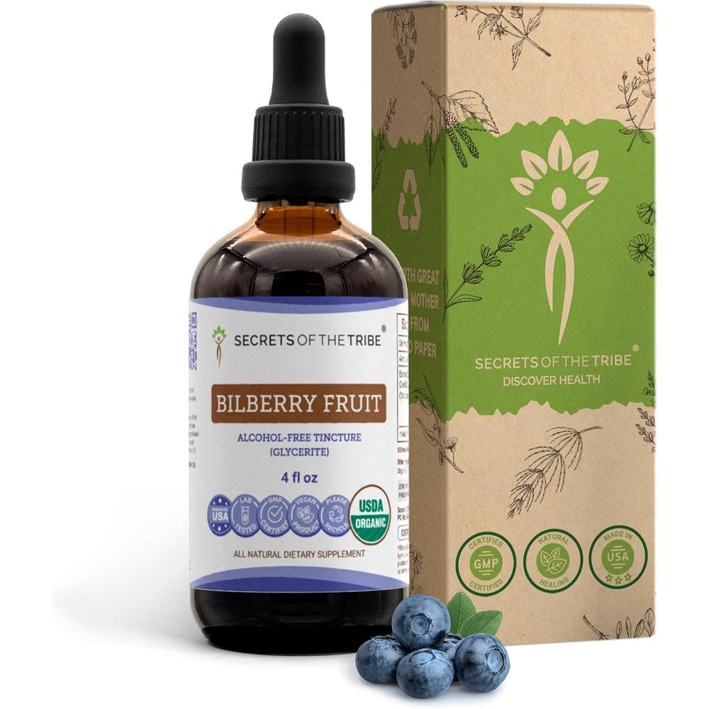 Secrets of the Tribe Bilberry Fruit Alcohol Free Liquid Extract front view bottle for eye wellness