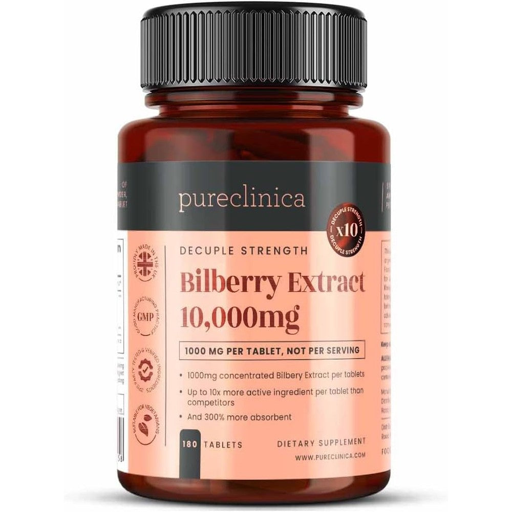 Pureclinica Bilberry Extract 10000mg front view bottle for eye health