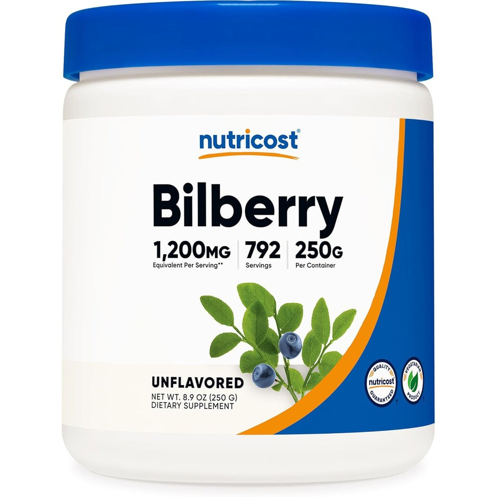 Nutricost Bilberry Extract Powder 250 Grams front view container for eye health supplement India
