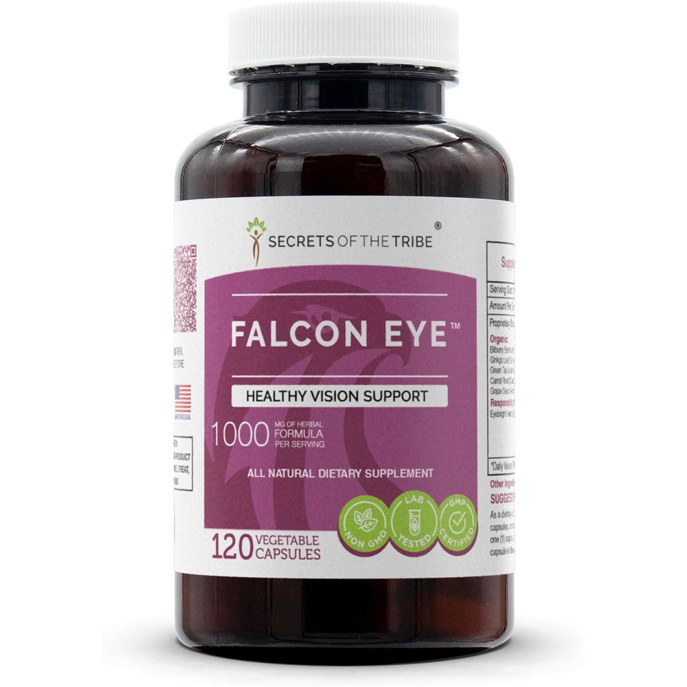 Secrets of the Tribe Falcon Eye 120 capsules front view bottle showing healthy vision support label
