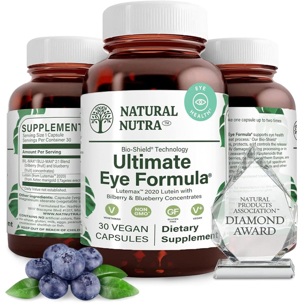 Natural Nutra Ultimate Eye Health front view of amber glass bottles showing two pack supplement.
